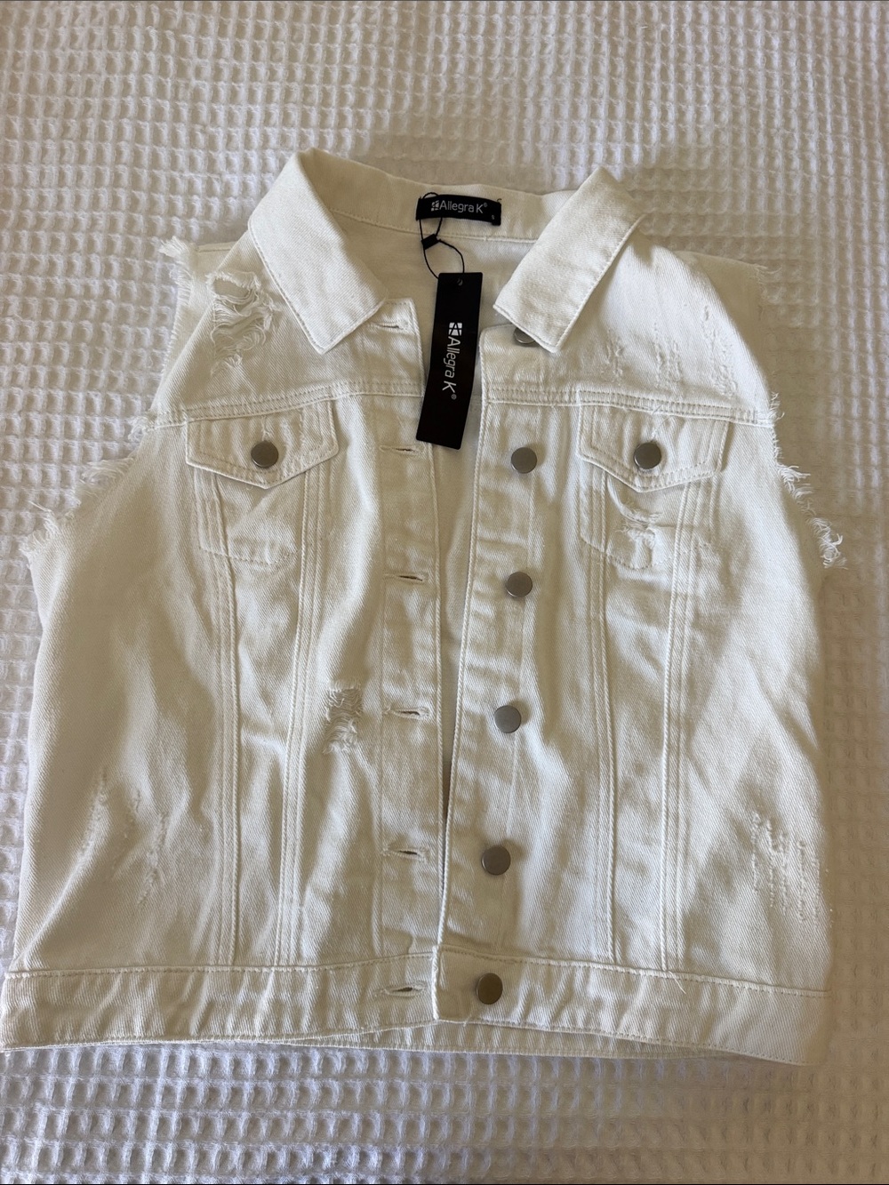 Allegra K White Distressed Sleeveless Denim Jacket Vest